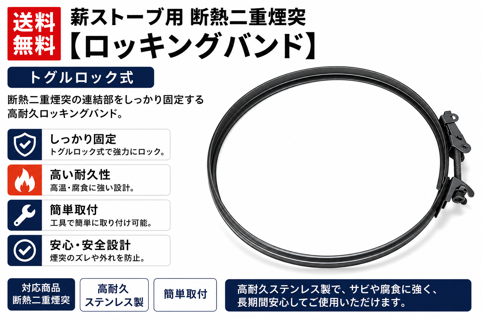 薪ストーブ用 断熱二重煙突【ロッキングバンド】【トグルロック式】